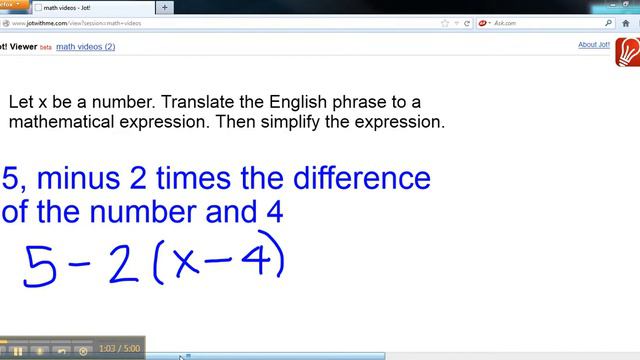 Translate "5, minus 2 time the difference of the number and 4" into a mathematical expression смотреть онлайн