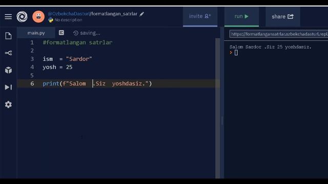 15. Formatlangan satrlar (Python VideoDarslar) смотреть онлайн