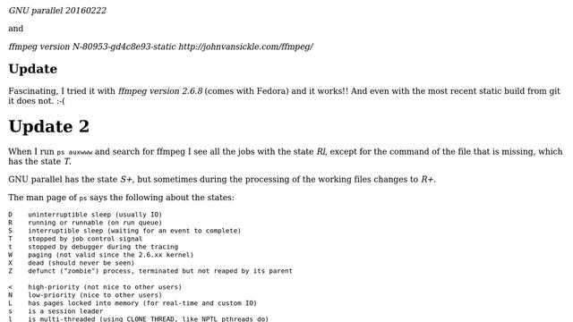 Unix & Linux: gnu parallel with ffmpeg does not process first file смотреть онлайн