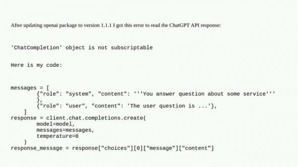 OpenAI Python Package Error : 'ChatCompletion' object is not subscriptable