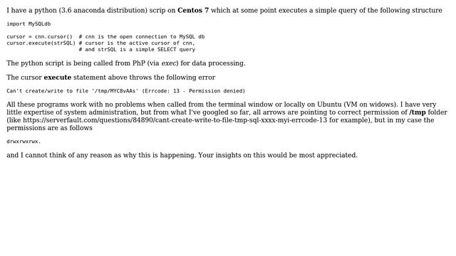 Write permission error in /tmp in python call to MySQL on Centos 7 смотреть онлайн