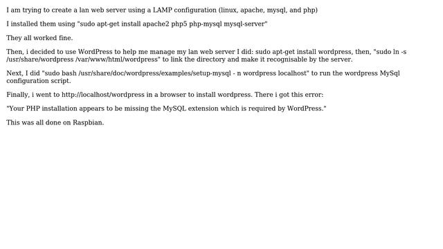 Raspberry Pi: Wordpress Error "PHP missing MySQL extension required by WordPress" смотреть онлайн