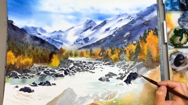 Как нарисовать пейзаж | Как нарисовать осень акварелью | Как нарисовать горы | Школа Артилайк смотреть онлайн