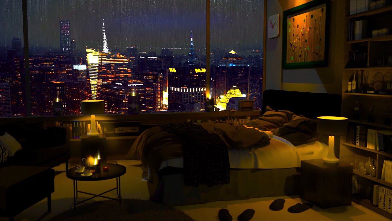 Rain on window at night-Night City View 10 Hours Relaxation and Sleep | Cozy bedroom | Study смотреть онлайн