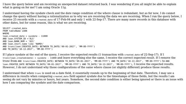 Databases: Oracle second date range comparison ignored in where clause смотреть онлайн