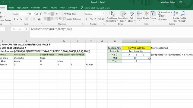 BEST EXCEL CELL SPLIT FORMULA {=TRIM(MID(SUBSTITUTE(" "&A5," ",REPT(" ",300)),300*{1,2,3,4},300))} смотреть онлайн