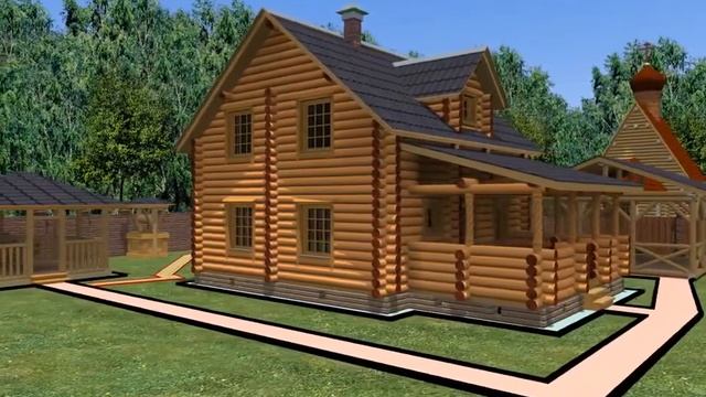 Деревянный полутороэтажный дом с большой рубленой верандой 