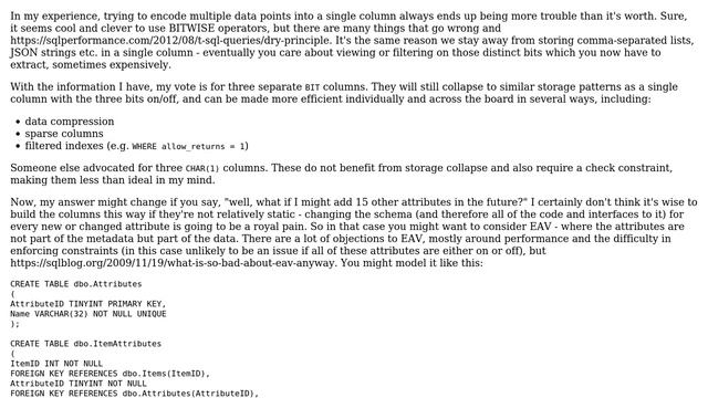 Design concerns for using 3x bit or one char(1) or one integer in table for holding status of item смотреть онлайн