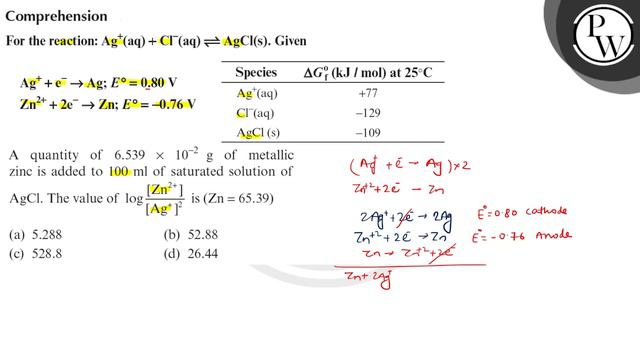 Comprehension
For The Reaction: \( \operatorname{Ag}^{+}(\mathrm{aq})+\mathrm{Cl}^{-}(\mathrm{aq...