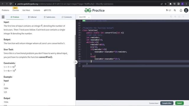 Replace all 0's with 5 in a given number | BITS Hyderabad | java | GFG смотреть онлайн