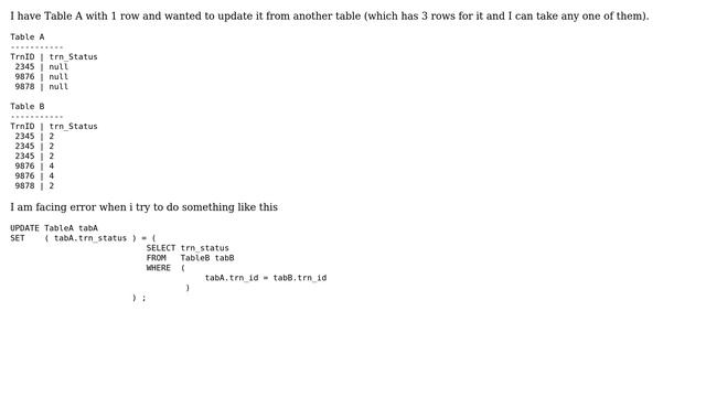 Update row with multiple row in another table Error : ORA-01427: single-row subquery returns... смотреть онлайн