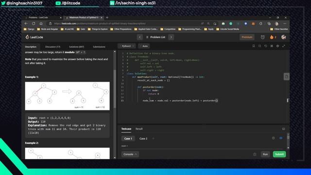 Leetcode 1339. Maximum Product of Splitted Binary Tree - Python Solution смотреть онлайн