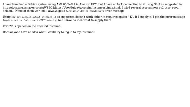 "Permission denied (publickey)" error when ssh'ing to Amazon EC2 Debian AMI 05f3ef71 смотреть онлайн