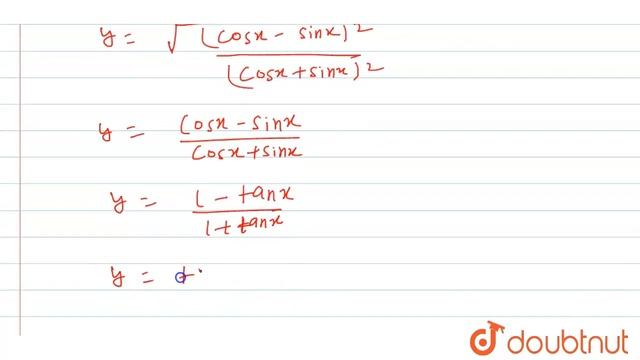 यदि ` Y = Sqrt((1-sin 2x)/(1+sin 2x))` तो सिद्ध कीजिए कि   `dy/dx+ Sec ^(2) (pi/4-x)=0`