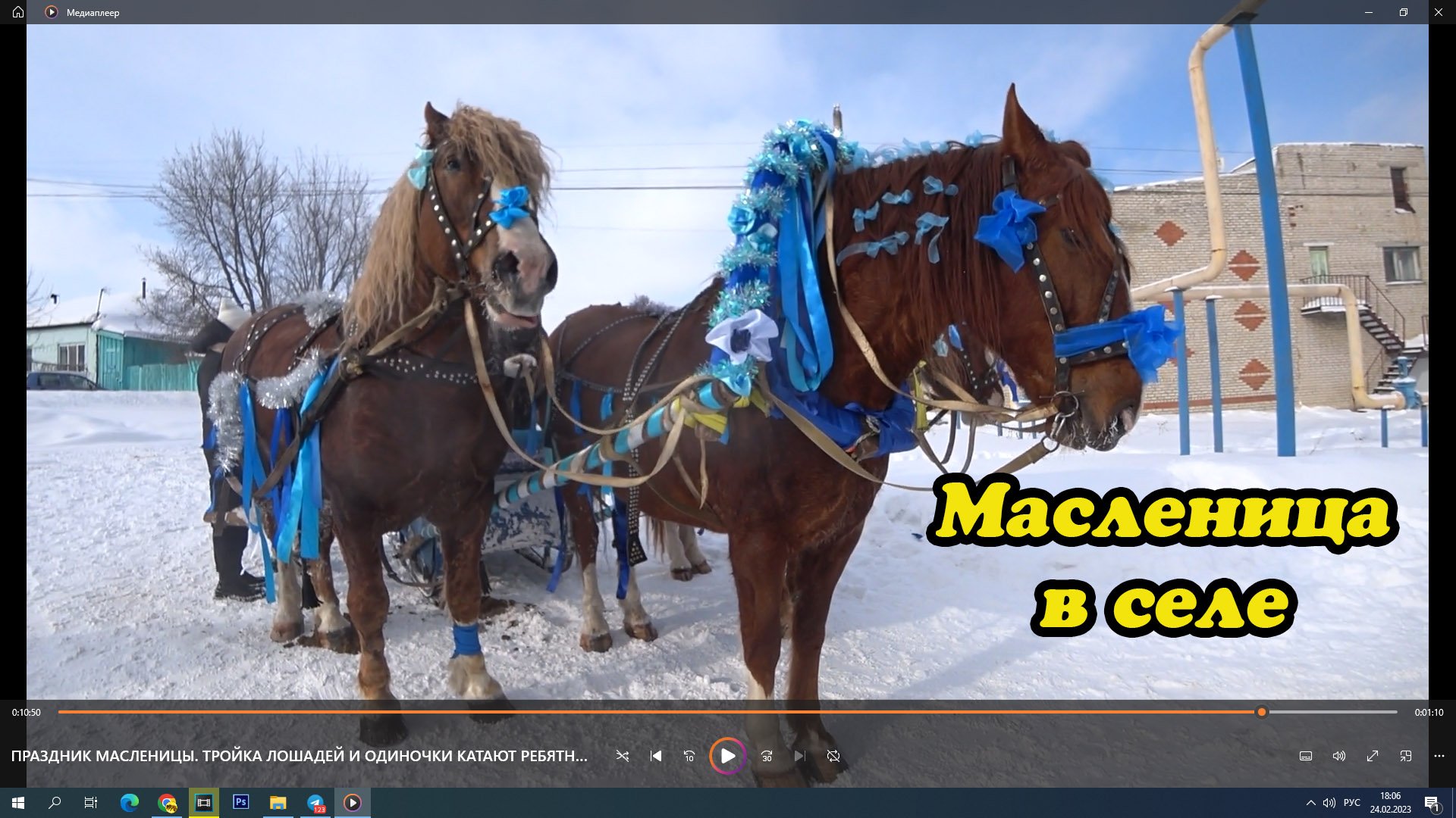 ПРАЗДНИК МАСЛЕНИЦЫ. ТРОЙКА ЛОШАДЕЙ И ОДИНОЧКИ КАТАЮТ РЕБЯТНЮ, ЕДИМ БЛИНЫ И ДЕЛАЕМ КУЛЬБИТЫ. смотреть онлайн