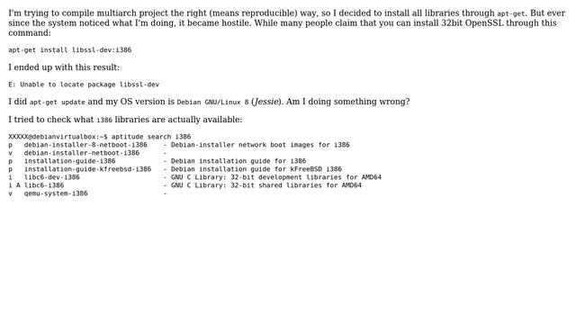 E: Unable to locate package libssl-dev when trying to download 32bit OpenSSL on 64bit system смотреть онлайн