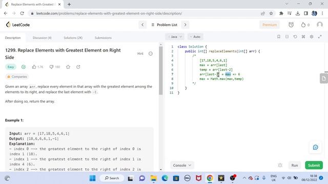 Replace Element with Greatest Element on Right Side | Leetcode 1299 | FAANG interview question смотреть онлайн