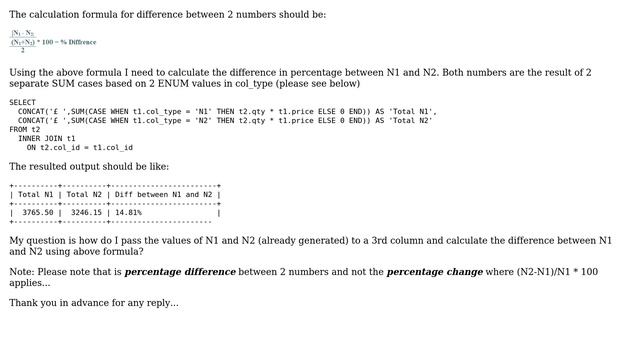Databases: MySQL Calculate percentage difference (not change) between 2 columns смотреть онлайн
