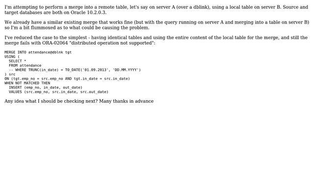 Problem using merge into a remote table over dblink смотреть онлайн