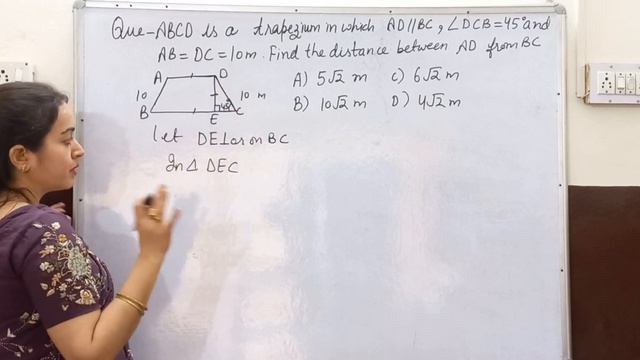 ABCD IS TRAPEZIUM IN WHICH AD||BC, ANGLE DCB = 45 AND AB =DC= 10M.FIND DISTANCE BETWEEN AD FROM BC. смотреть онлайн