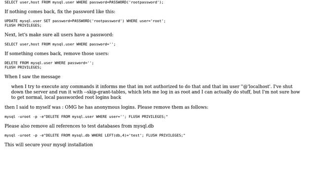 MySQL permits passwordless logins, wont let me run anything (3 Solutions!!) смотреть онлайн