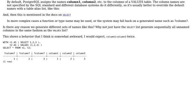Databases: Why does VALUES provide a different DEFAULT column name than SELECT? смотреть онлайн