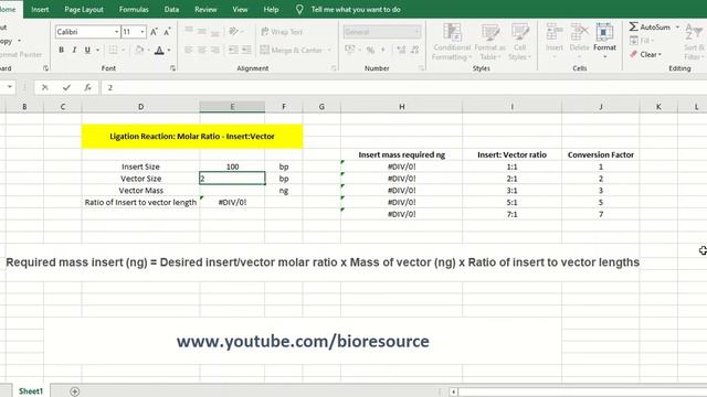 How to calculate Molar Ratio of Insert:Vector for Ligation in Excel for cloning DNA fragments смотреть онлайн