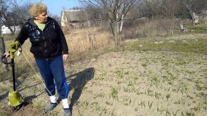 Прополка грядок электрокультиватором.