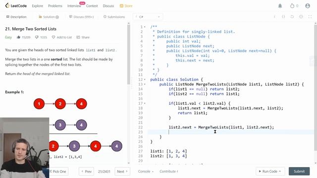 Leetcode Grinding #6 | Merge Two Sorted Lists. C# solution explained смотреть онлайн