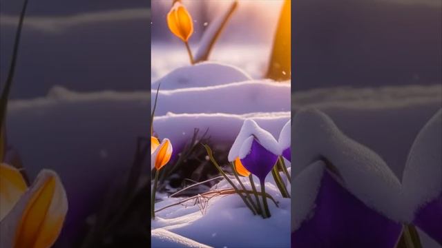 Весна на экране, красивое видео, нейросеть рисует, крокусы и снег