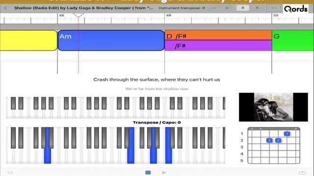 Lady Gaga & Bradley Cooper - Shallow; play along video tutorial. Chords & Lyrics. #qords смотреть онлайн