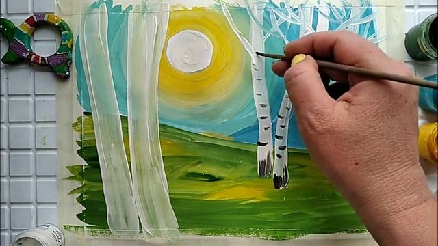 Летний пейзаж. Рисуем лето, берёзки, луг. смотреть онлайн