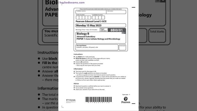 PEARSON EDEXCEL AS BIOLOGY B PAPER 1 2023 (8BI0/01: Core Cellular Biology And Microbiology смотреть онлайн