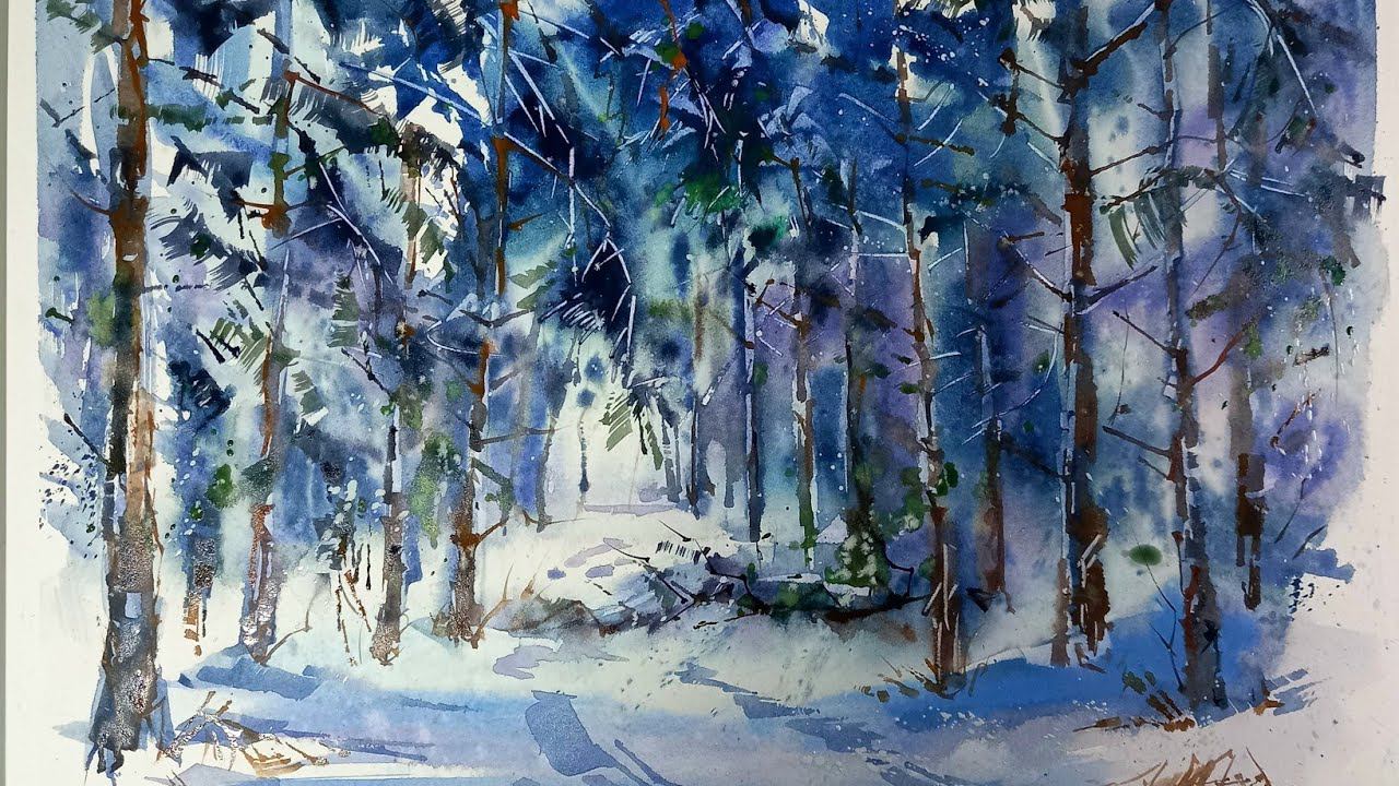 Сквозь зимний лес, быстрая акварельная техника смотреть онлайн