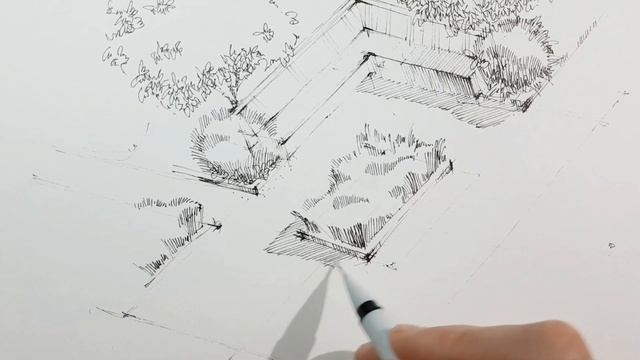Ландшафтный дизайн рисунок, сад, скамейка и кусты. Ландшафтный скетчинг-Fineliners-Кичигин Эдуард