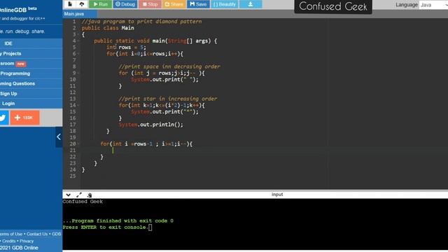 java program to print diamond pattern смотреть онлайн