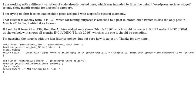 Wordpress: Filter Wordpress Archive Widget to exclude posts with specific custom taxonomy term id смотреть онлайн