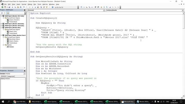 Excel VBA Introduction Part 58.18 - SQL For Excel Files - Union Queries From Multiple Files