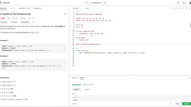 Median of Two Sorted Arrays | Python Modified Binary Search Solution смотреть онлайн