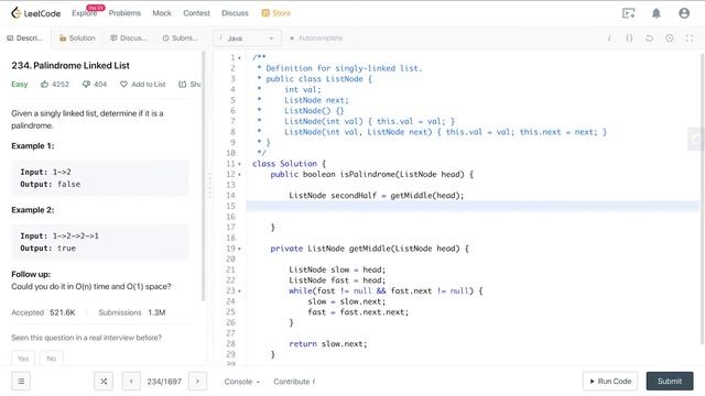 [Решение на Java] 234. Palindrome Linked List. LeetCode задача для Microsoft, Amazon, Facebook и др смотреть онлайн