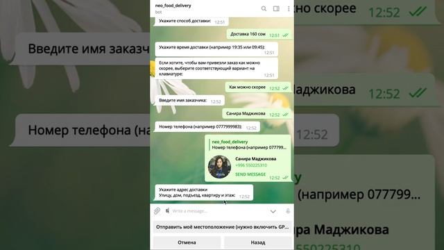 Чат бот по доставке еды. Пример смотреть онлайн