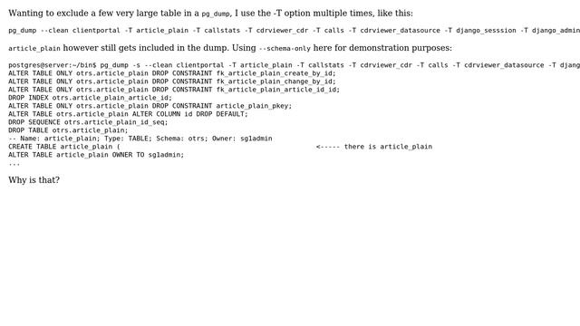 Databases: pg_dump --exclude-table not working on one specific table смотреть онлайн