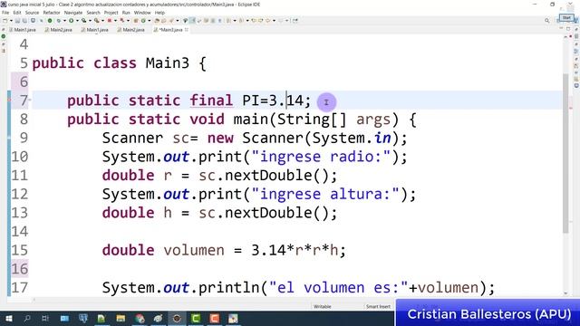 Algoritmo calcular el volumen de un cilindro usando constantes y math pow sqrt en JAVA смотреть онлайн