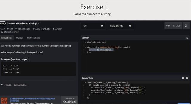 ex1: convert a number to a string C/C++ codewars 8kyu смотреть онлайн