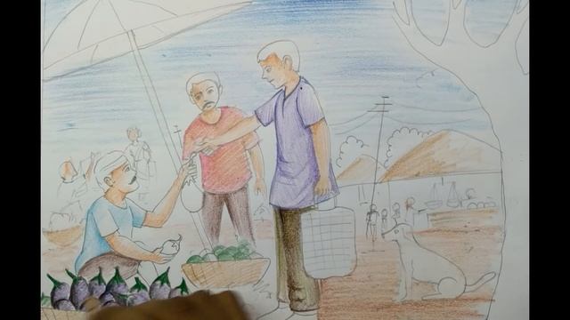 how to draw village market with colour pencil смотреть онлайн