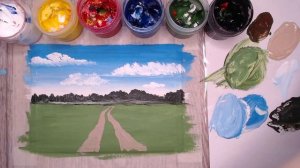 Летний пейзаж гуашью. Как нарисовать дорогу.