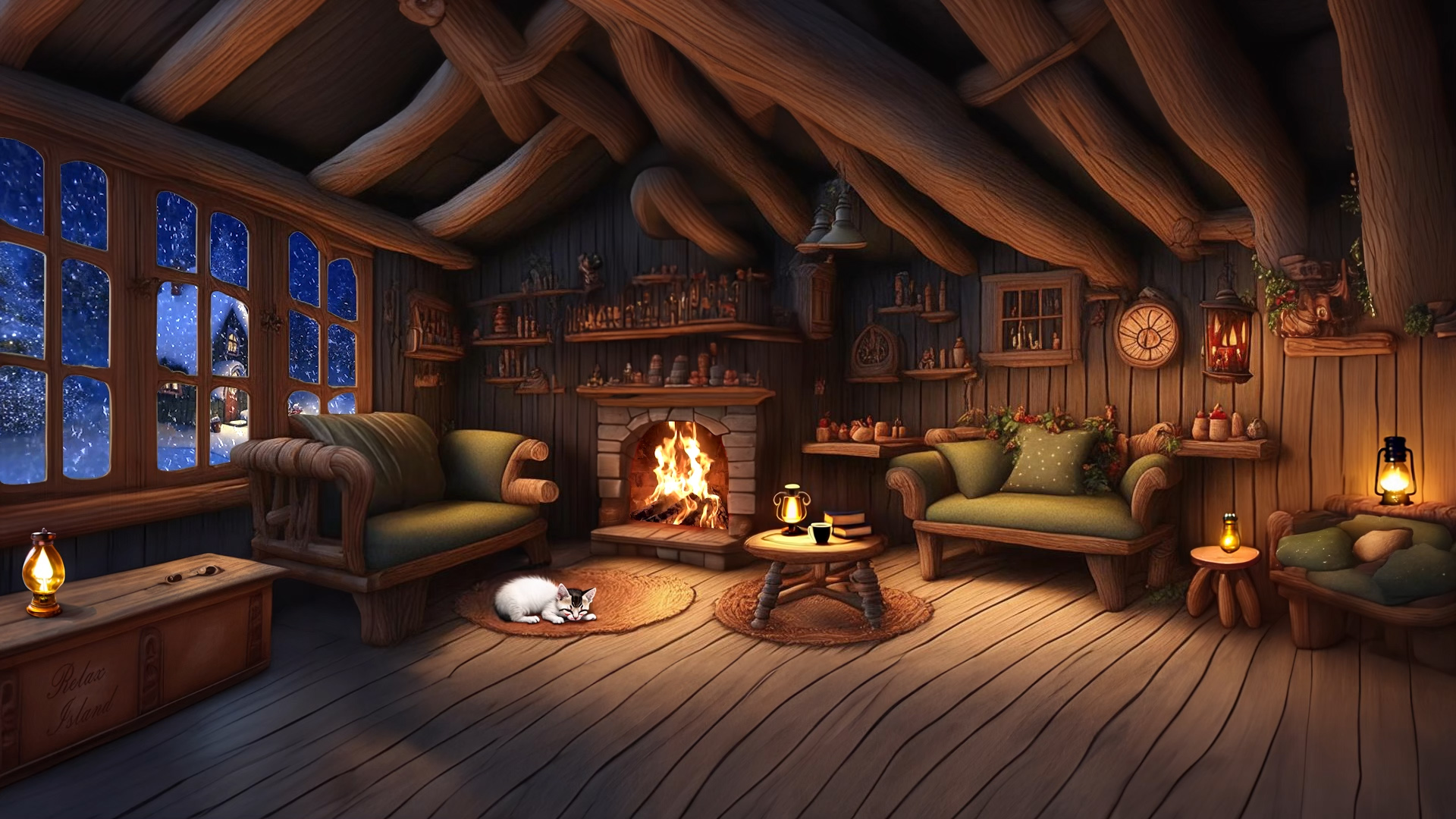 ? Звук камина и зимние звуки природы для сна в уютной хижине с камином и кошкой ❄️ Шум костра ? смотреть онлайн
