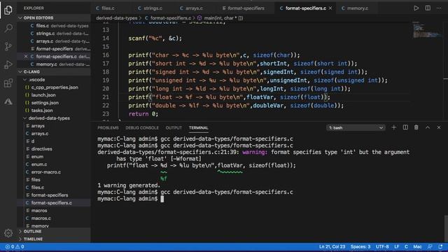 Format specifiers in C language %d %c %f | char, int, long, float, double, unsigned смотреть онлайн
