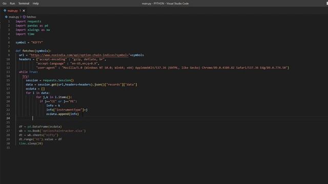 Fetch live option chain from new nse website with python in excel, functions, while true, try excep смотреть онлайн