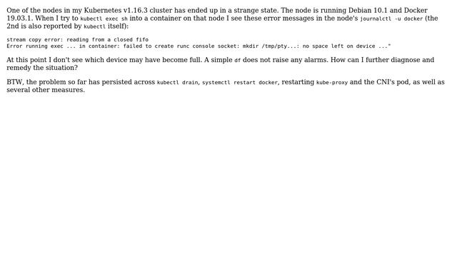 Cannot exec sh into Kubernetes container: reading from closed file, no space left on device смотреть онлайн